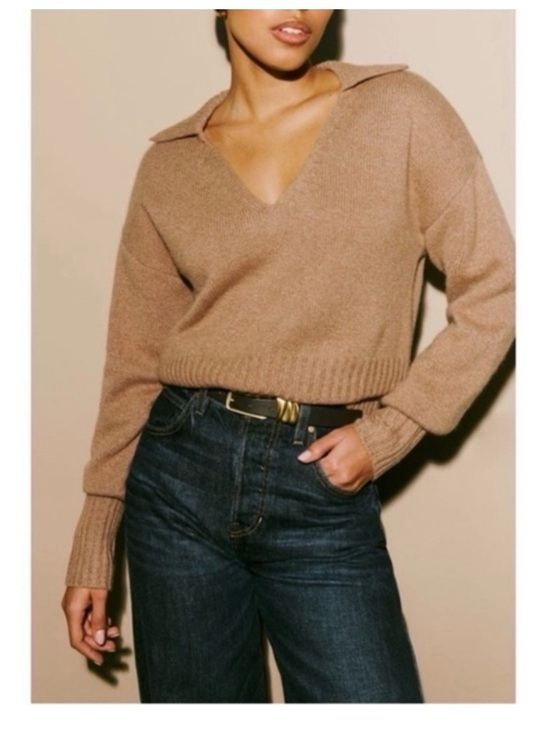 Reformation Sweaters - Reformation Cashmere Camel V-Neck Collared Cropped Sweater